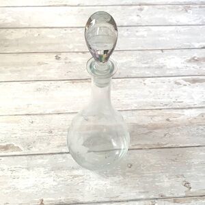 Vintage Decanter Teardrop Shape Etched Glass Grapes Leaves Design 15in Tall